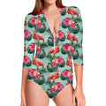 Tropical Floral Flamingo Pattern Print Long Sleeve Swimsuit