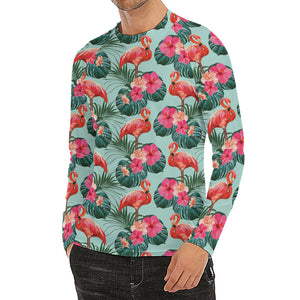 Tropical Floral Flamingo Pattern Print Men's Long Sleeve Rash Guard