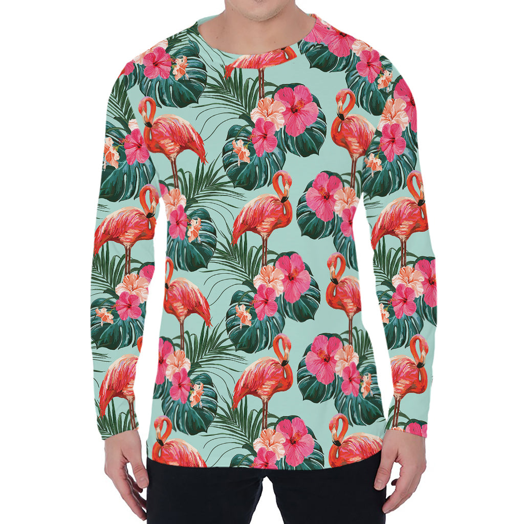 Tropical Floral Flamingo Pattern Print Men's Long Sleeve T-Shirt