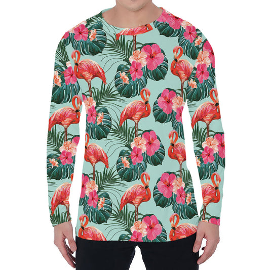 Tropical Floral Flamingo Pattern Print Men's Long Sleeve T-Shirt