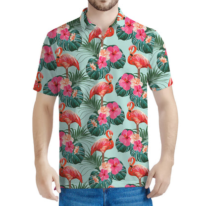 Tropical Floral Flamingo Pattern Print Men's Polo Shirt
