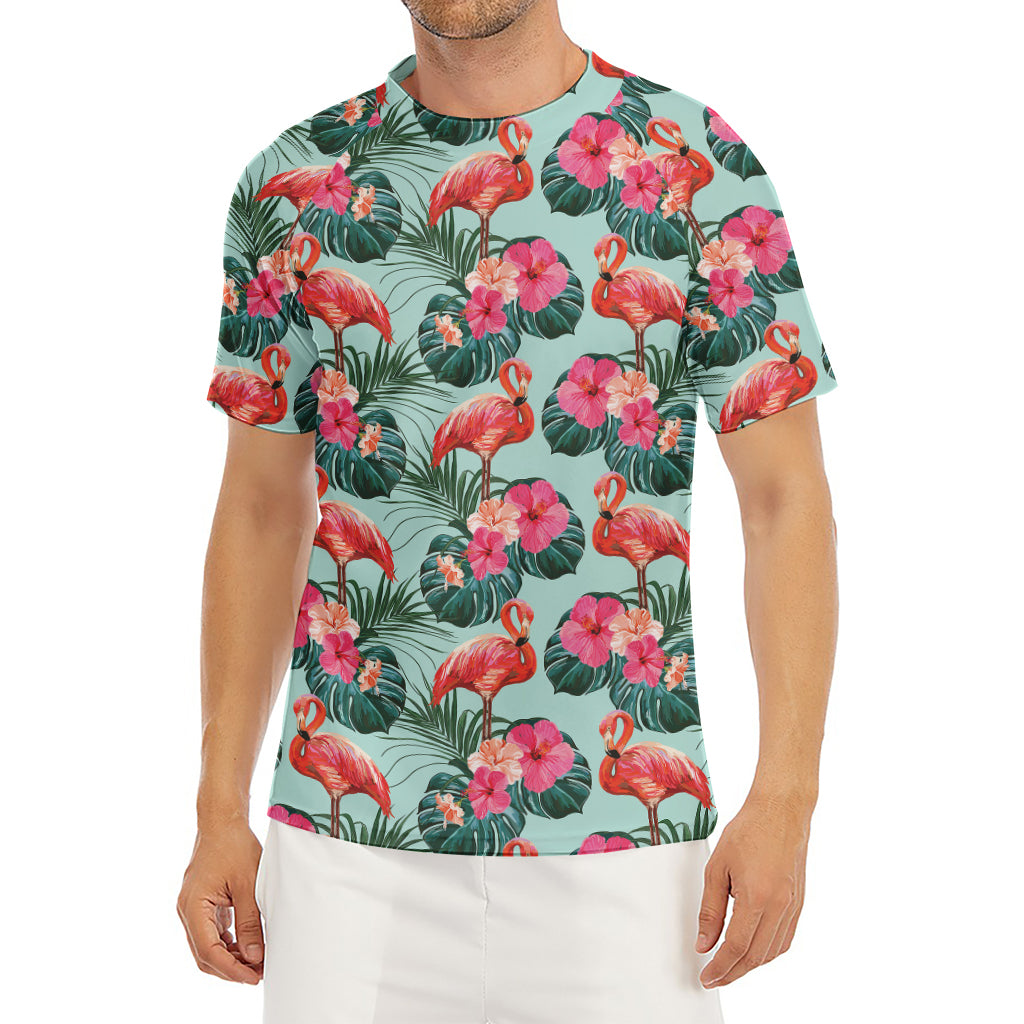 Tropical Floral Flamingo Pattern Print Men's Short Sleeve Rash Guard