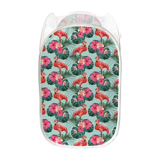 Tropical Floral Flamingo Pattern Print Mesh Laundry Hamper