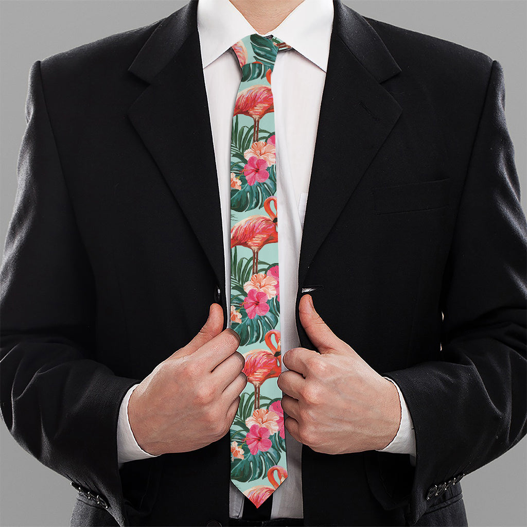 Tropical Floral Flamingo Pattern Print Necktie