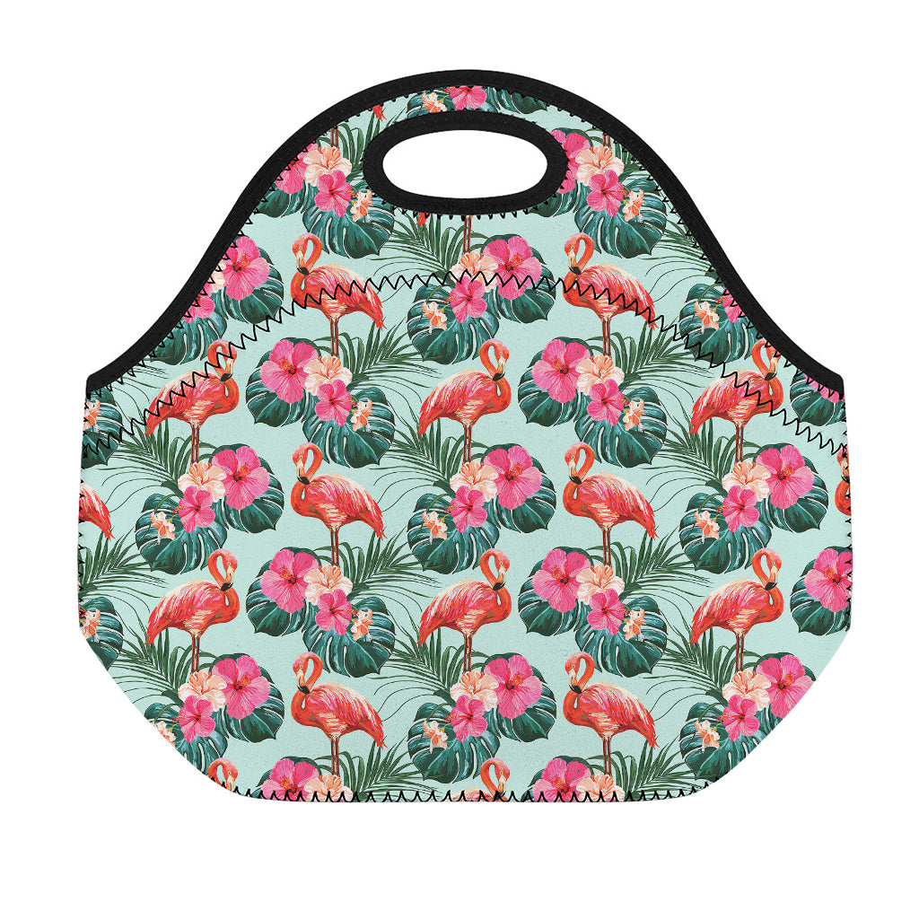 Tropical Floral Flamingo Pattern Print Neoprene Lunch Bag