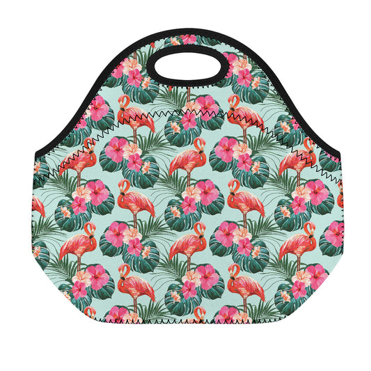 Tropical Floral Flamingo Pattern Print Neoprene Lunch Bag