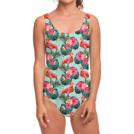 Tropical Floral Flamingo Pattern Print One Piece Swimsuit