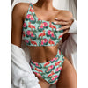 Tropical Floral Flamingo Pattern Print One Shoulder Bikini Top