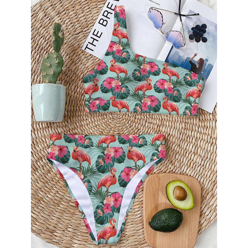 Tropical Floral Flamingo Pattern Print One Shoulder Bikini Top