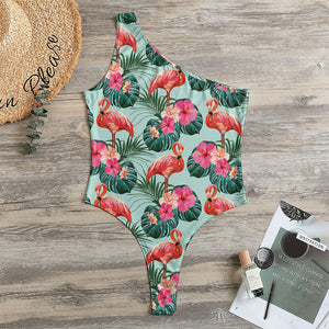 Tropical Floral Flamingo Pattern Print One Shoulder Bodysuit