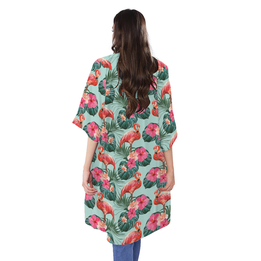 Tropical Floral Flamingo Pattern Print Open Front Beach Cover Up