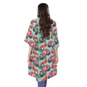 Tropical Floral Flamingo Pattern Print Open Front Beach Cover Up