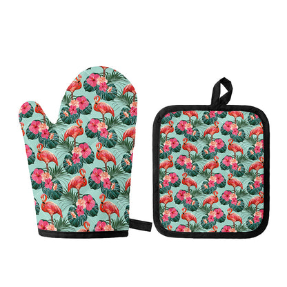 Tropical Floral Flamingo Pattern Print Oven Mitt And Pot Holder Set