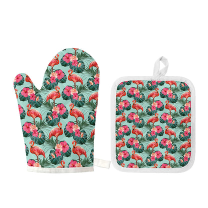 Tropical Floral Flamingo Pattern Print Oven Mitt And Pot Holder Set