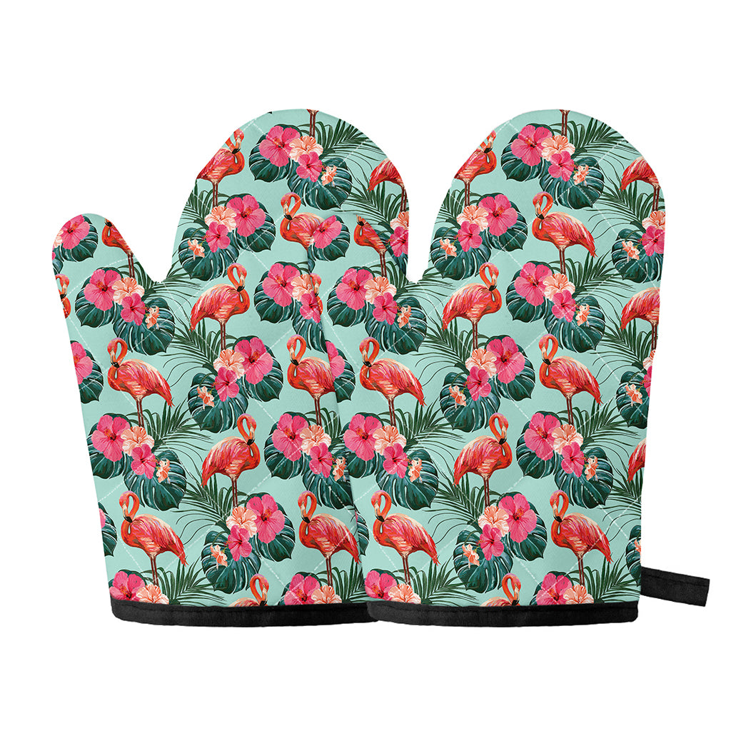 Tropical Floral Flamingo Pattern Print Oven Mitts