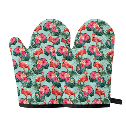 Tropical Floral Flamingo Pattern Print Oven Mitts