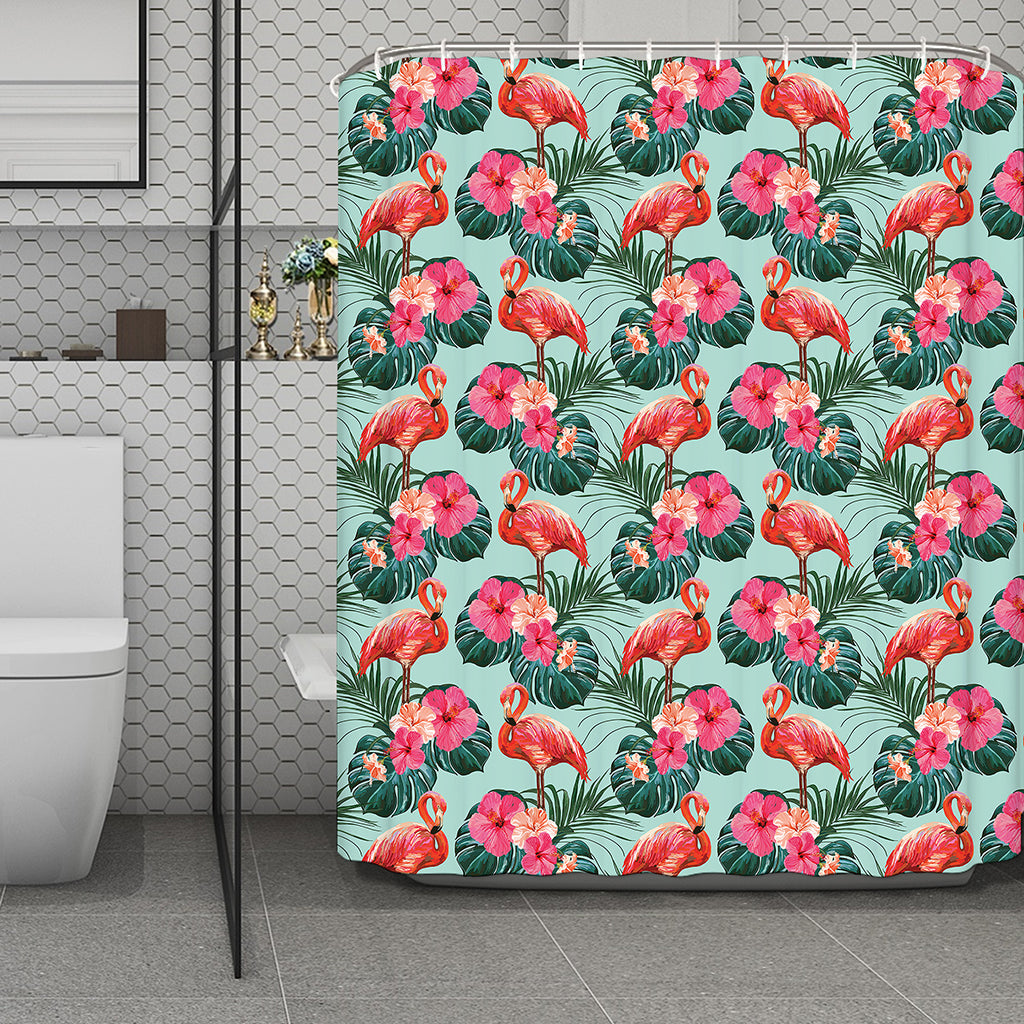 Tropical Floral Flamingo Pattern Print Polyester Shower Curtain