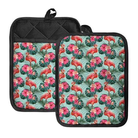 Tropical Floral Flamingo Pattern Print Pot Holders With Pocket