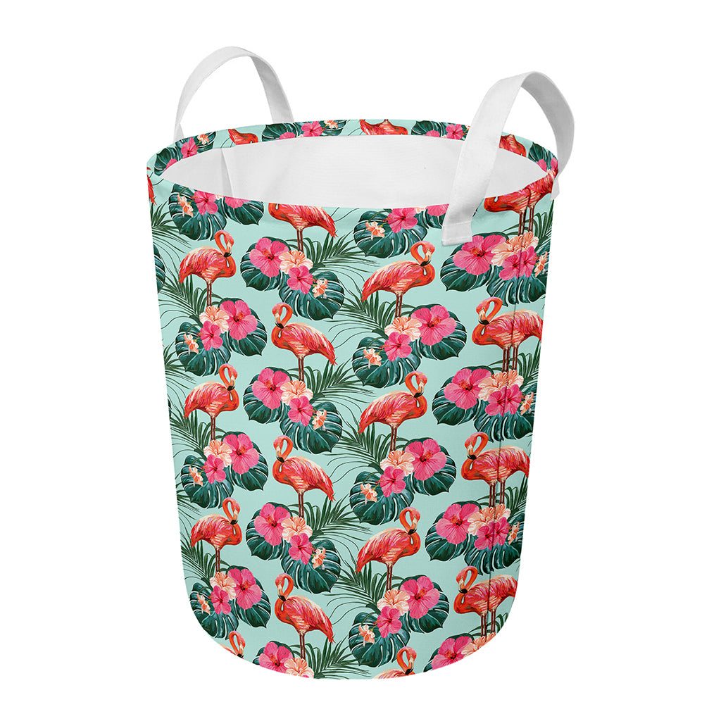 Tropical Floral Flamingo Pattern Print Round Laundry Basket
