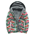 Tropical Floral Flamingo Pattern Print Sherpa Lined Zip Up Hoodie