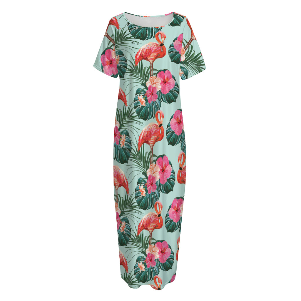 Tropical Floral Flamingo Pattern Print Short Sleeve Long Nightdress