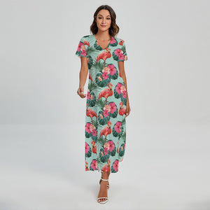 Tropical Floral Flamingo Pattern Print Short Sleeve Maxi Dress