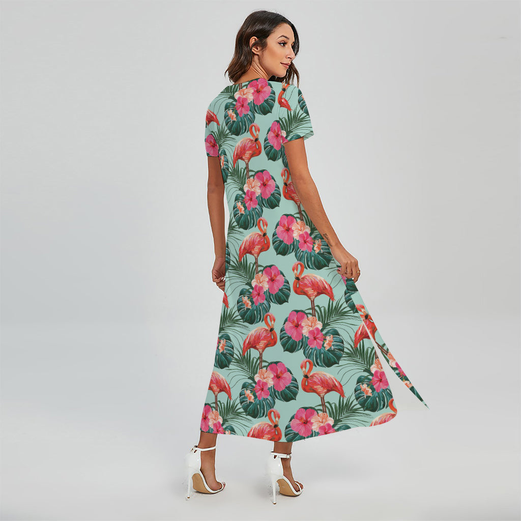 Tropical Floral Flamingo Pattern Print Short Sleeve Maxi Dress