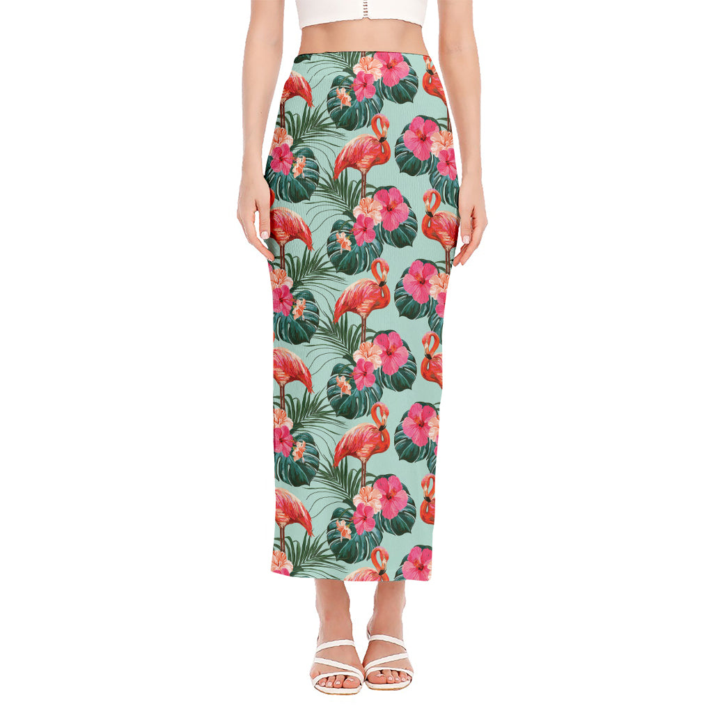 Tropical Floral Flamingo Pattern Print Side Slit Maxi Skirt