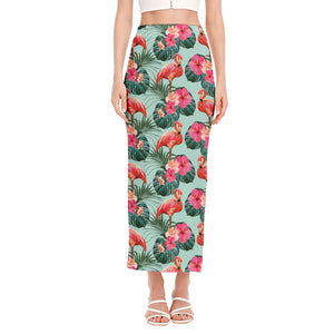 Tropical Floral Flamingo Pattern Print Side Slit Maxi Skirt