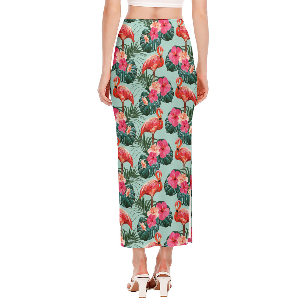 Tropical Floral Flamingo Pattern Print Side Slit Maxi Skirt