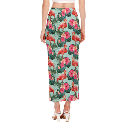 Tropical Floral Flamingo Pattern Print Side Slit Maxi Skirt