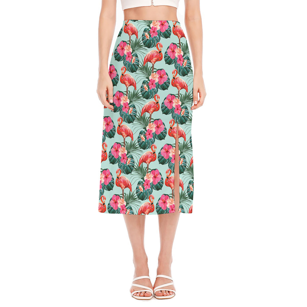 Tropical Floral Flamingo Pattern Print Side Slit Midi Skirt