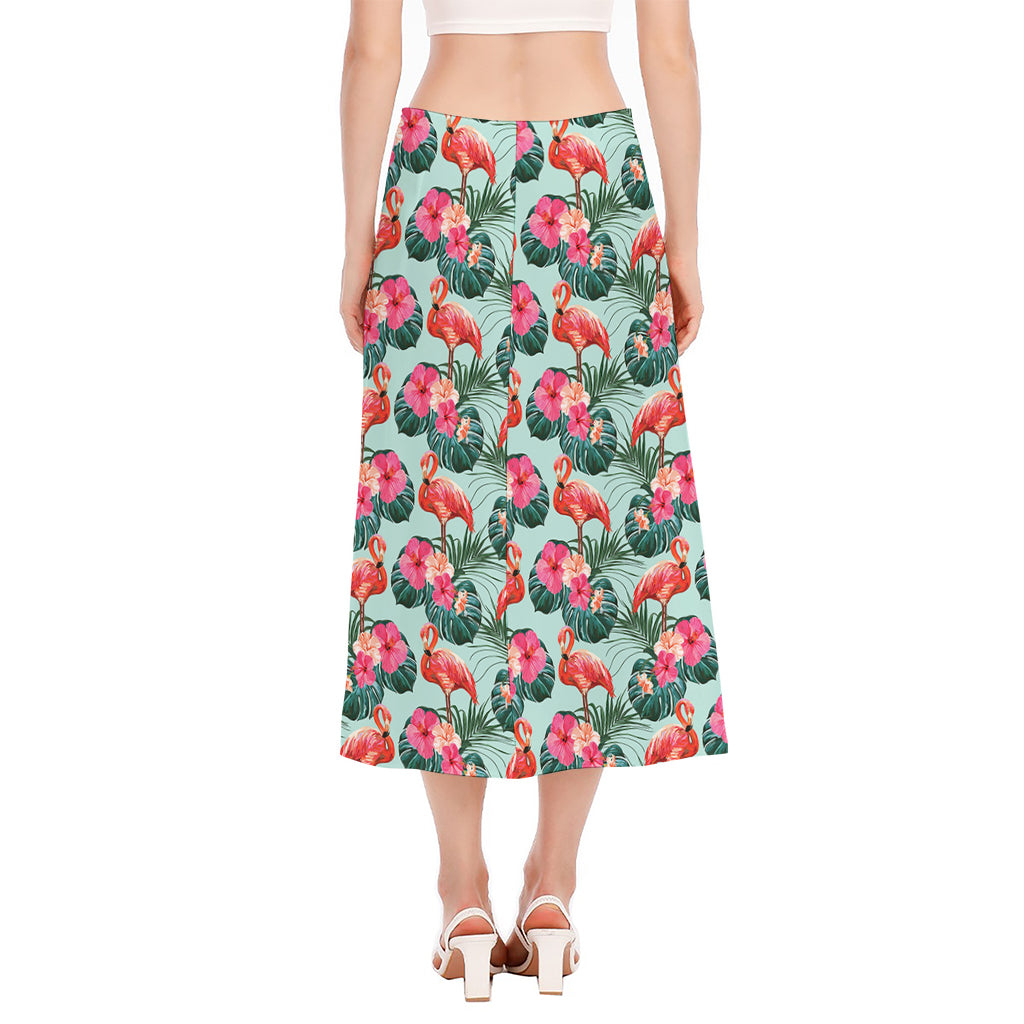 Tropical Floral Flamingo Pattern Print Side Slit Midi Skirt