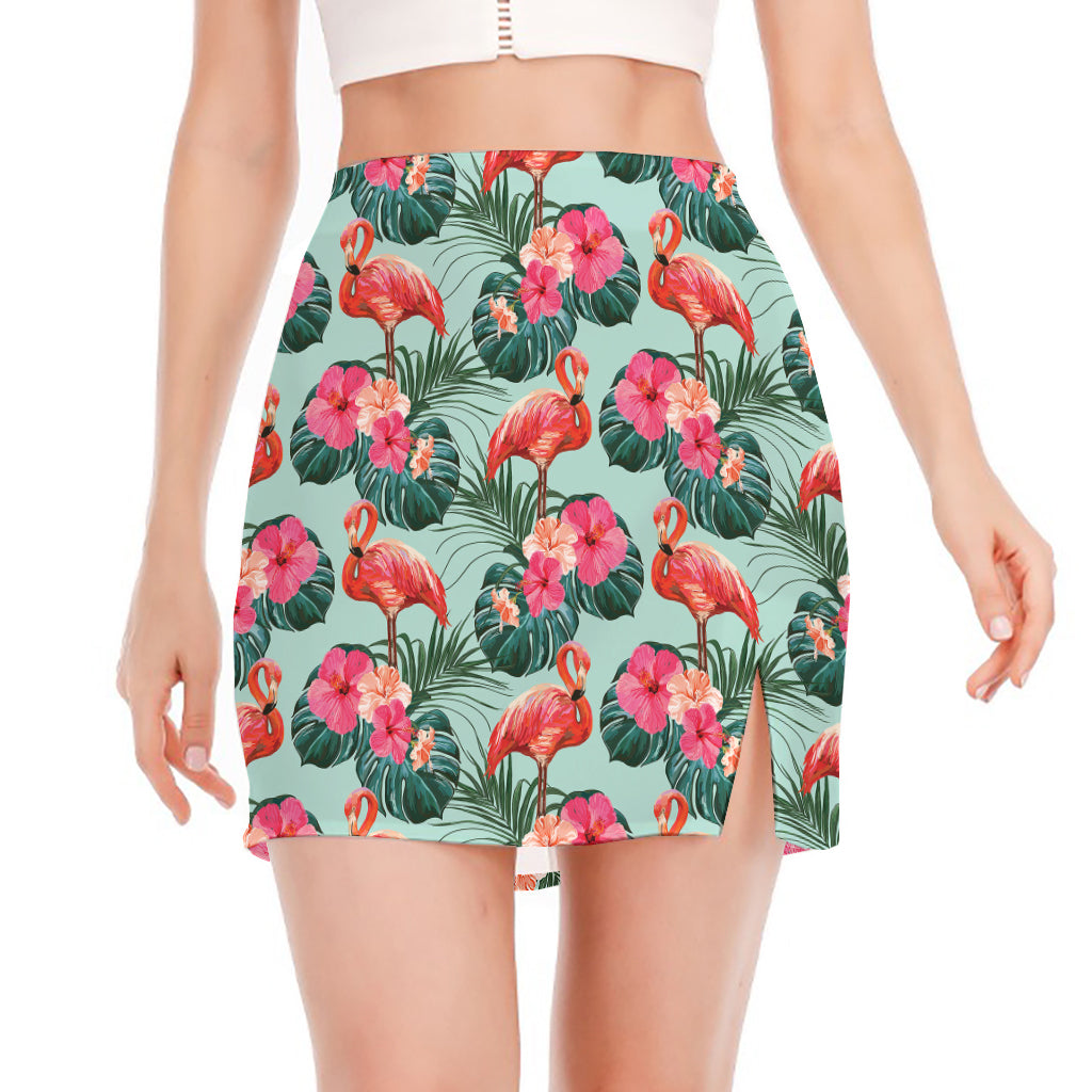 Tropical Floral Flamingo Pattern Print Side Slit Mini Skirt