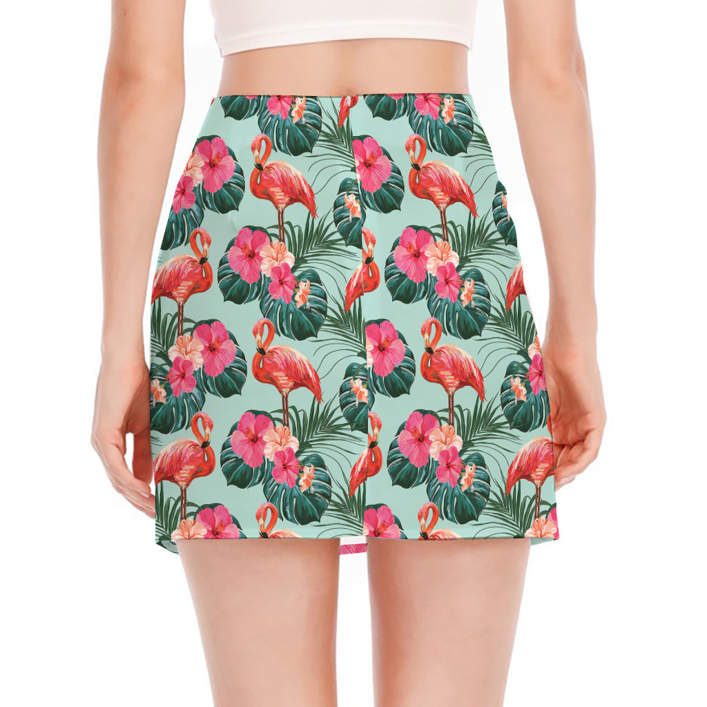 Tropical Floral Flamingo Pattern Print Side Slit Mini Skirt