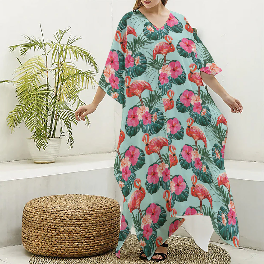 Tropical Floral Flamingo Pattern Print Silk V-Neck Kaftan Dress