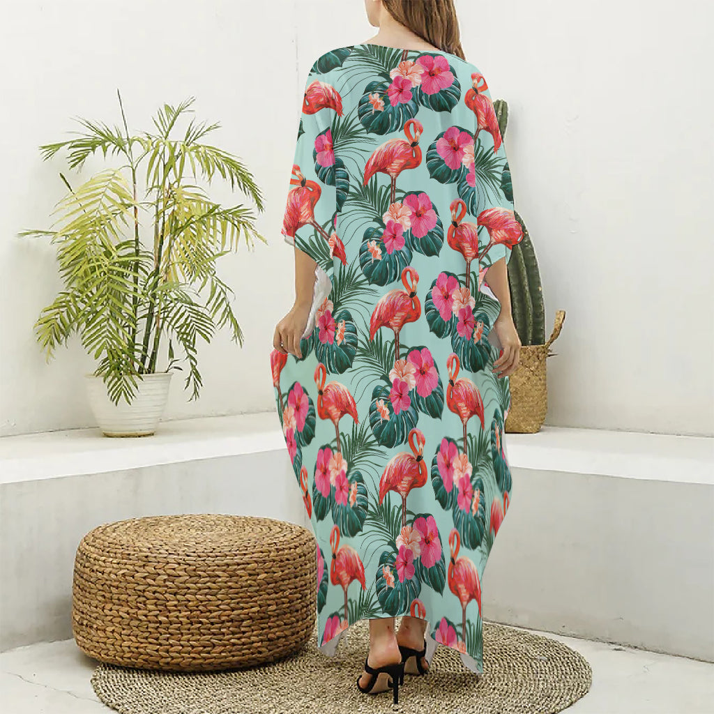 Tropical Floral Flamingo Pattern Print Silk V-Neck Kaftan Dress