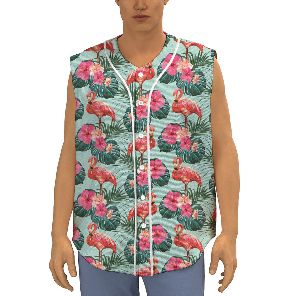 Tropical Floral Flamingo Pattern Print Sleeveless Baseball Jersey