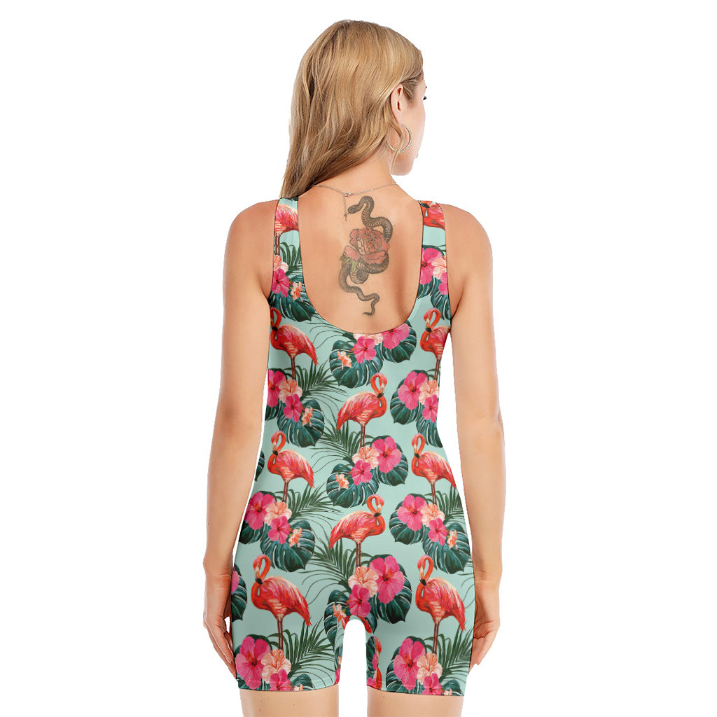 Tropical Floral Flamingo Pattern Print Sleeveless One Piece Swimsuit