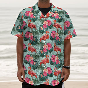 Tropical Floral Flamingo Pattern Print Textured Short Sleeve Shirt