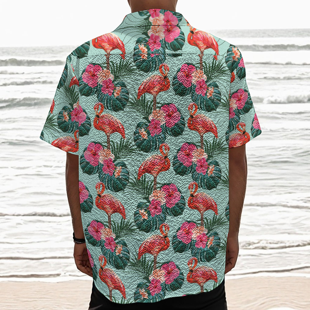 Tropical Floral Flamingo Pattern Print Textured Short Sleeve Shirt