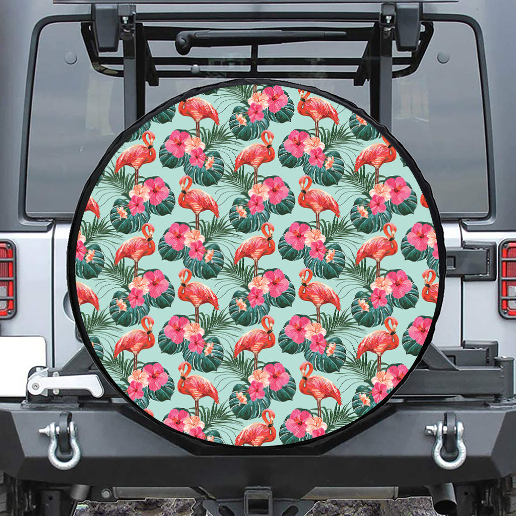 Tropical Floral Flamingo Pattern Print Tire Cover