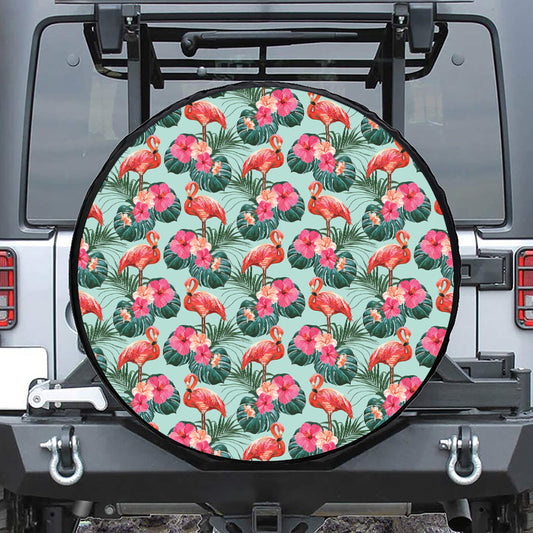 Tropical Floral Flamingo Pattern Print Tire Cover