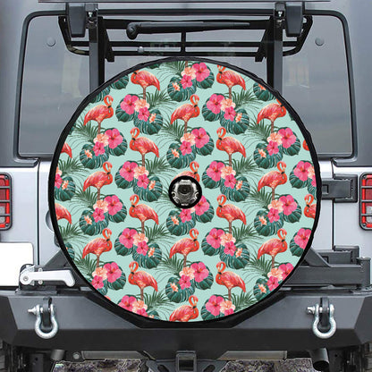 Tropical Floral Flamingo Pattern Print Tire Cover With Camera Hole
