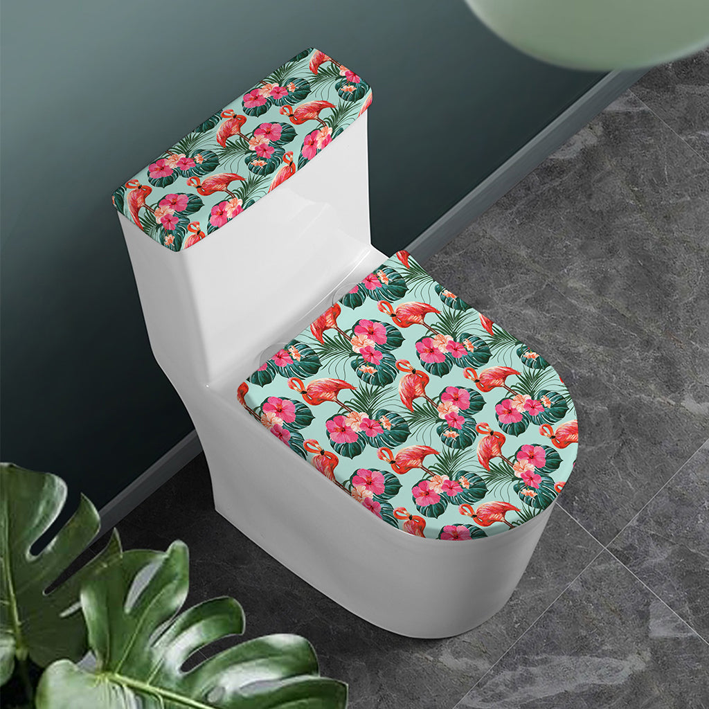 Tropical Floral Flamingo Pattern Print Toilet Lid And Tank Cover Set