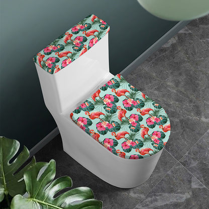 Tropical Floral Flamingo Pattern Print Toilet Lid And Tank Cover Set