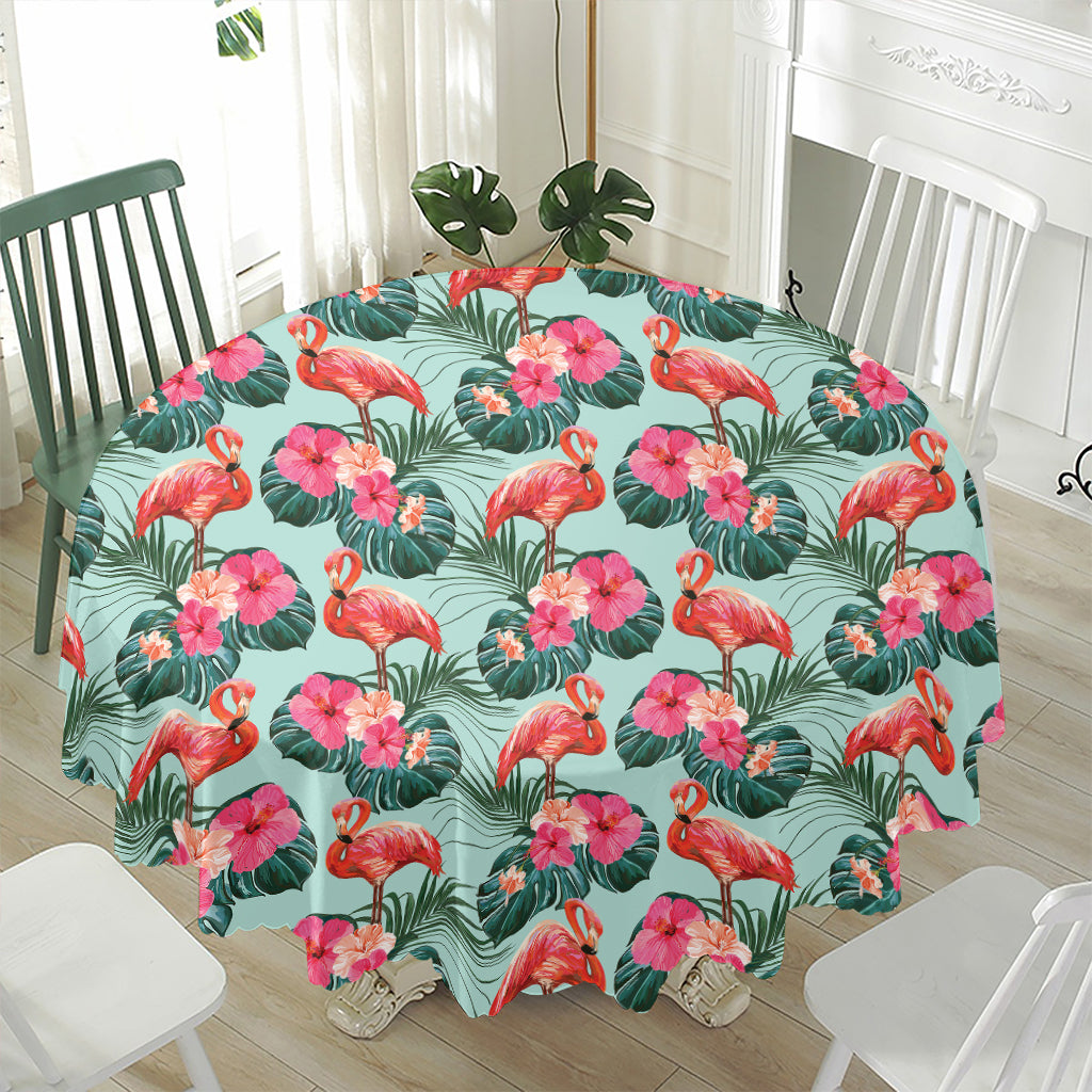 Tropical Floral Flamingo Pattern Print Waterproof Round Tablecloth