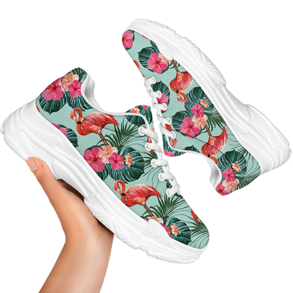 Tropical Floral Flamingo Pattern Print White Chunky Shoes