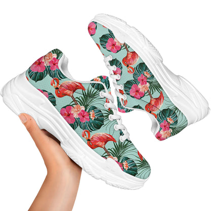 Tropical Floral Flamingo Pattern Print White Chunky Shoes