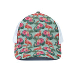 Tropical Floral Flamingo Pattern Print White Mesh Trucker Cap